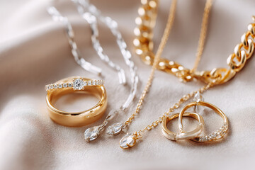 Elegant jewelry composition featuring rings, elegant earrings necklaces artistic arrangement, elegant style emphasized soft lighting