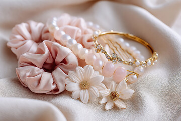 Elegant hair accessories artistically arranged, elegant silk scrunchies and pearl headbands, elegant flat lay on soft fabric background
