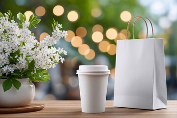 White paper coffee cup and takeaway bag rest on wooden table, sustainability shining through minimalist design and natural materials. Soft light enhances sustainability