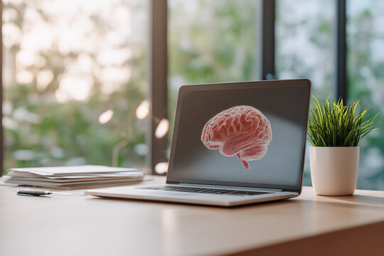 Human brain 3D rendering on laptop screen on a desk. Science and technology concept of healthcare and medical education