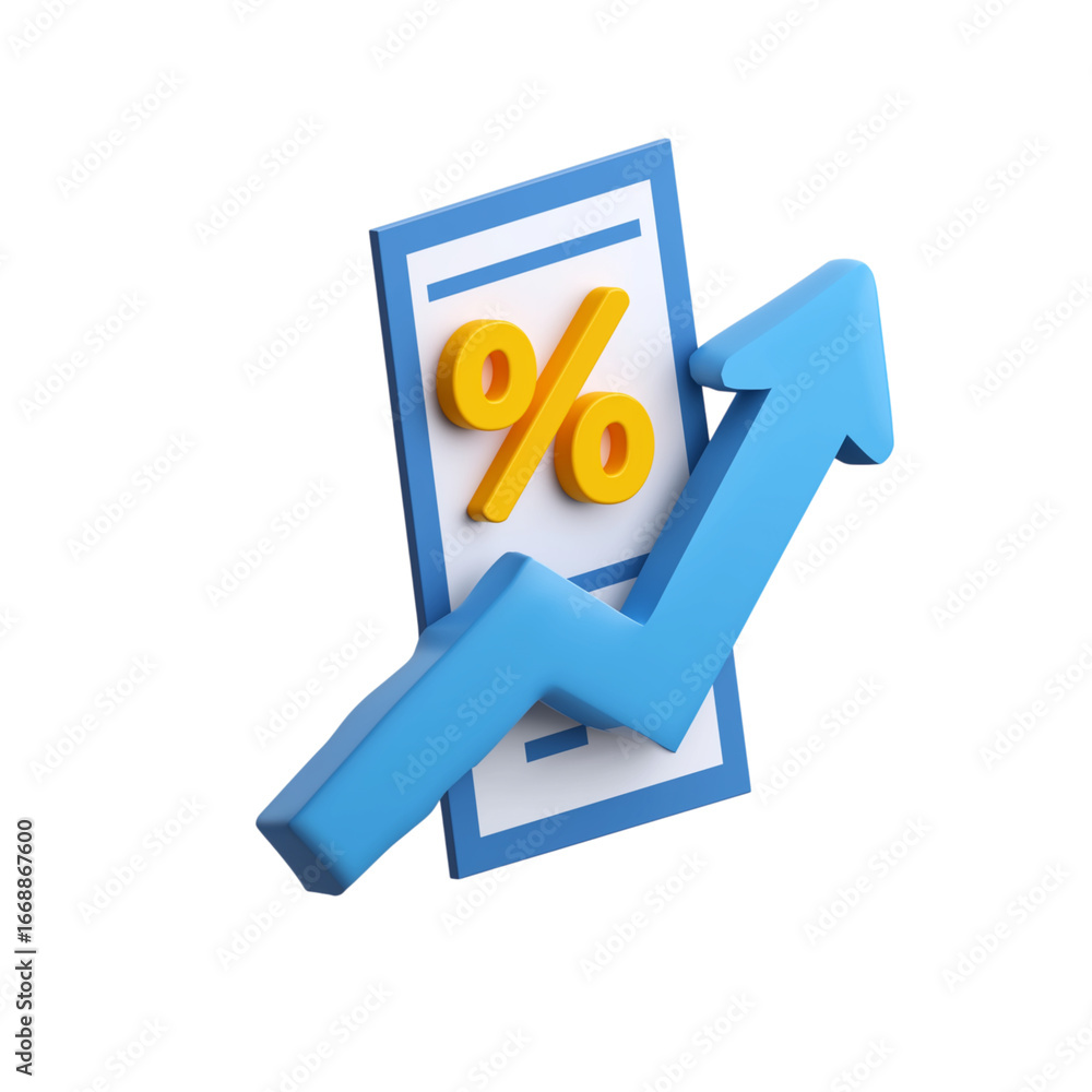 Poster 3d blue arrow graph showing percentage increase isolated on transparent background