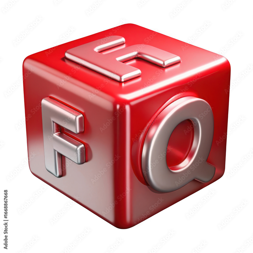 Poster 3d red cube with silver f and q letters isolated on transparent background