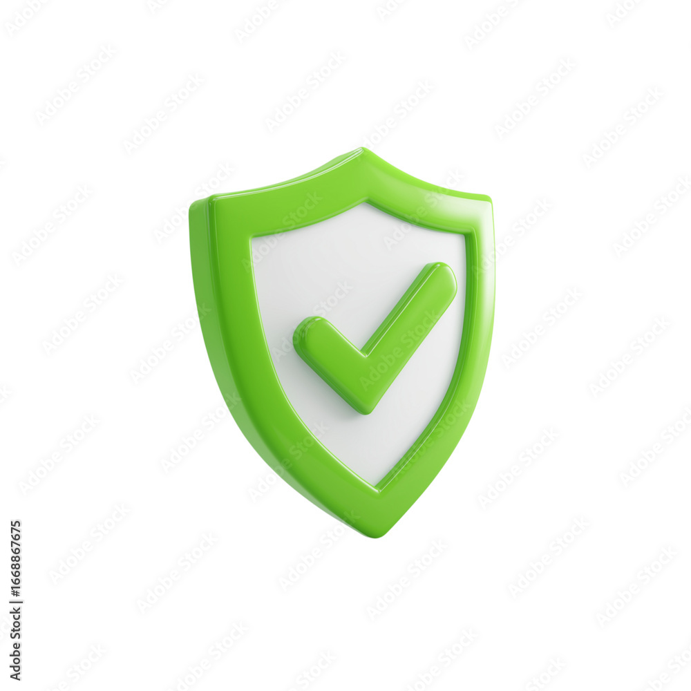Poster green shield with check mark symbol isolated on transparent background