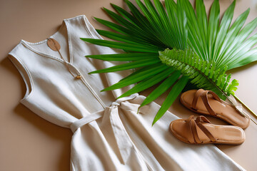 A flat outline of a trendy beach look. Linen jumpsuit, sandals, organic tag, palm leaf