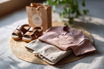 Flat lay outline of a children organic summer outfit, sandals, eco paper label on a straw mat