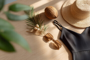 Flat lay of tropical summer fashion set with eco tag, swimwear, straw hat, coconut, sunglasses, palm shadows