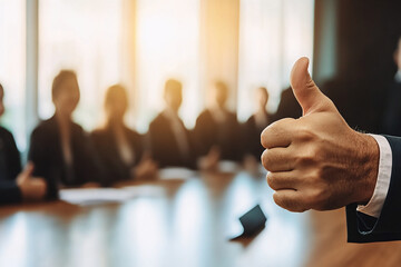 Man showing thumbs up gesture during team meeting. Symbolizing approval and agreement in teamwork