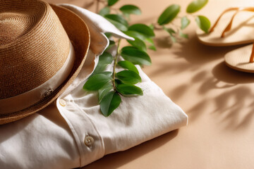 Minimalist flat lay tropical summer fashion set. Eco shirt, hat, flip flops, leaf shadow on beige background