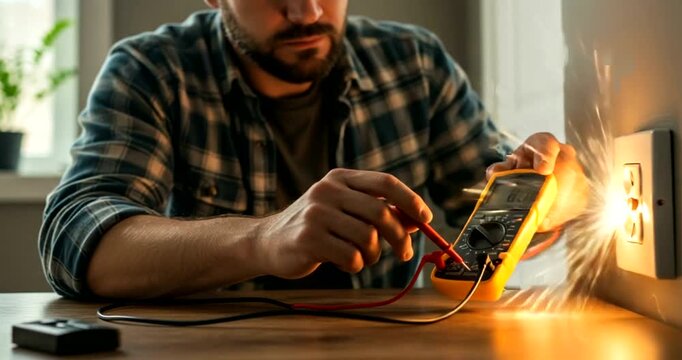 Man using multimeter to test electrical outlet at home