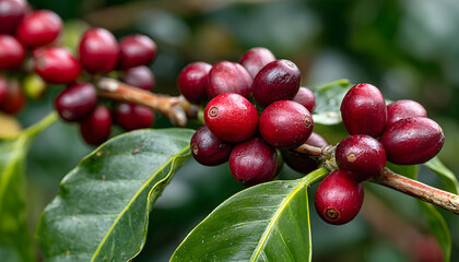 Obraz premium Coffee plants with ripe red berries grow on mountainslopes. Green foliage surrunds coffee trees ready fo harvest. Organic beans cutivated in tropical highlads provide beans for worldbeverages.