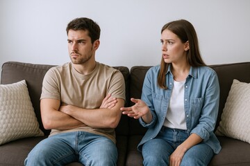 Upset Couple on Sofa Ignoring Each Other After a Fight, Relationship Trouble and Conflict Concept