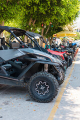 Several off-road buggies are parked along a paved street under sunny skies. Lush green trees...