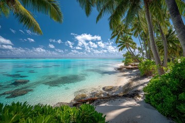 Tropical Paradise Beach Scene with Azure Water, Palm Trees, and White Sand in Summer