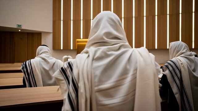 Congregation in Synagogue Wearing White Tallis Prayer Shawls Facing Torah Ark with Wooden Wall Panels and Reading in a Brightly Lit Environment