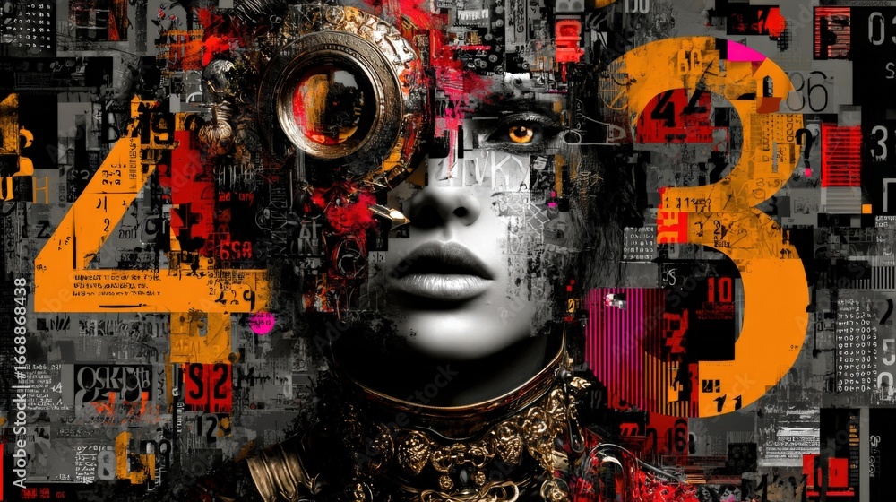 Poster abstract portrait with geometric patterns and technological elements, representing futuristic concep