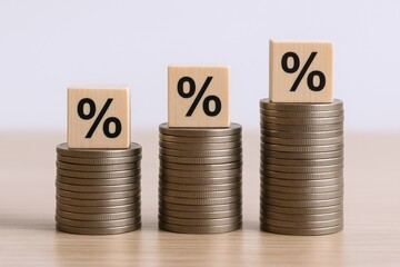 Increasing Percentage: Stacks of Coins and Percentage Blocks Representing Growth and Financial Gains