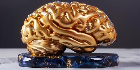 Golden Brain Sculpture on Blue Pedestal