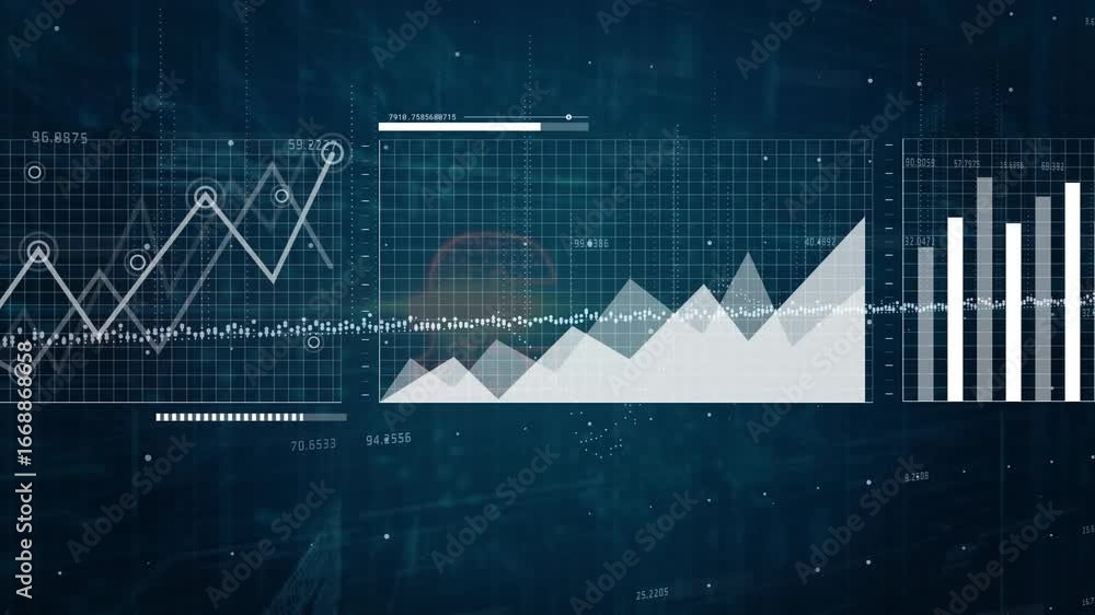 Poster when white dots flowing, translucent chart panels expanding sliding and aligning for data insight