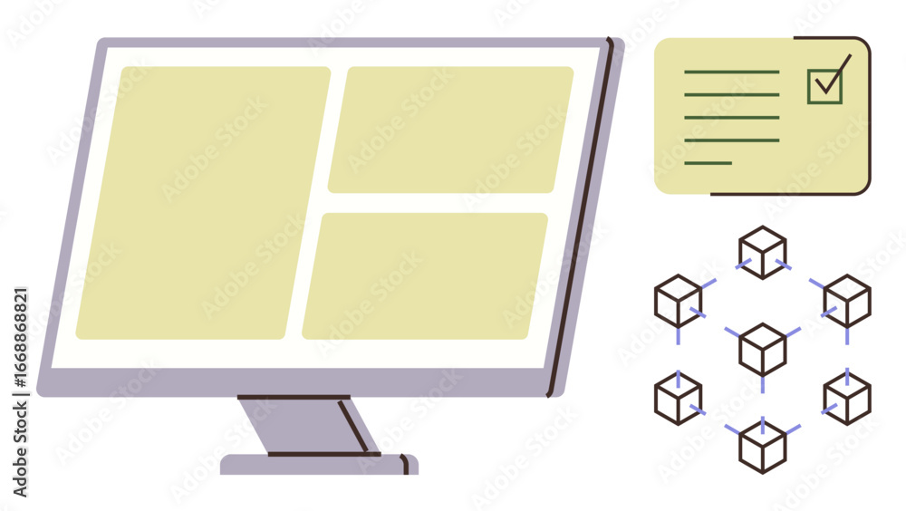 Aufkleber computer screen with layout grid, task checklist, and blockchain network of interconnected cubes. id
