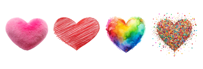 Four hearts made of different textures and colors isolated on transparent background