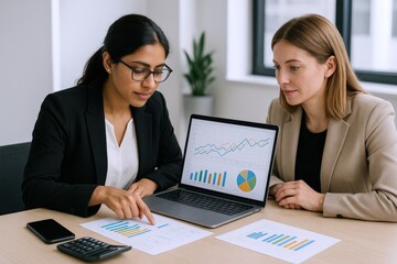 Diverse Businesswomen Analyzing Financial Data and Charts on Laptop in Modern Office Setting for Strategic Planning
