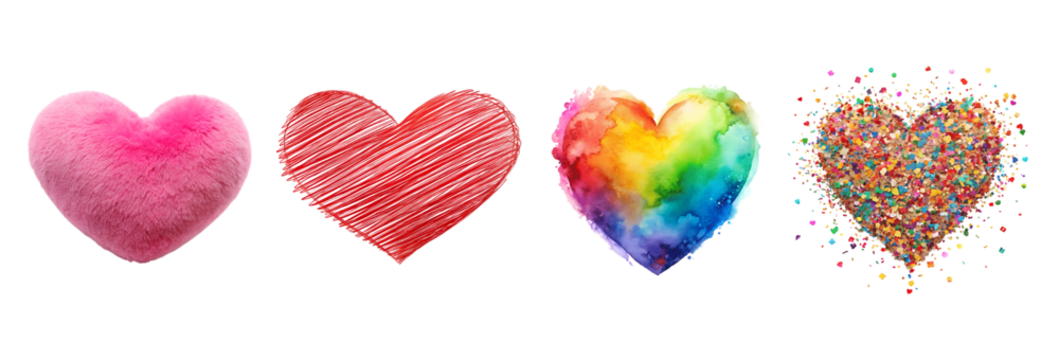 Four hearts made of different textures and colors isolated on transparent background