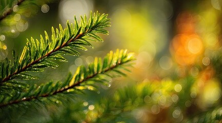 Sunlit evergreen branch with dew drops, bokeh background of warm tones