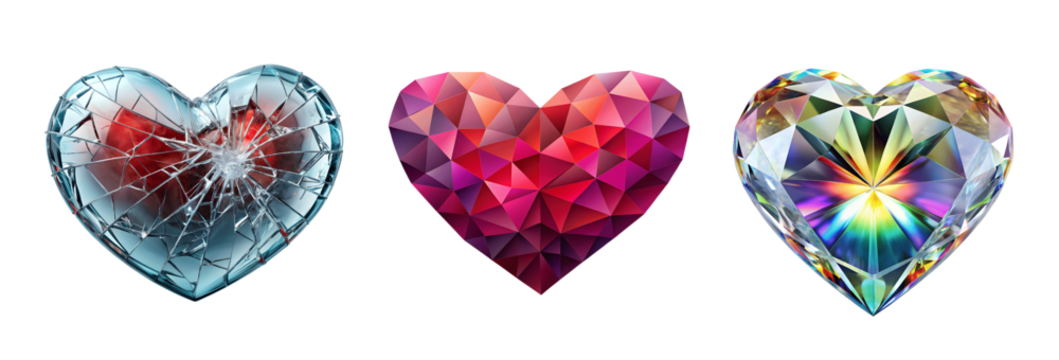 Three faceted heart shaped gemstones isolated on transparent background - Powered by Adobe