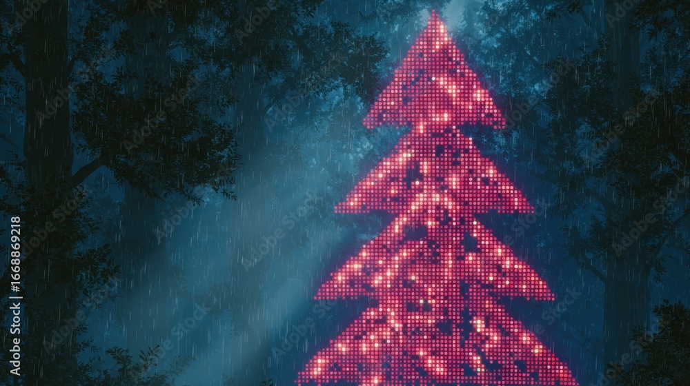 Aufkleber a christmas tree with lights on it is lit up in the rain. the tree is lit up in red and is surrounde