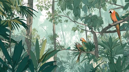 Lush, cartoon tropical rainforest scene, with parrots perched among dense foliage