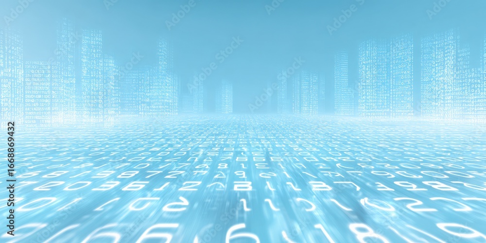 Poster abstract digital cityscape with flowing binary code, high-tech innovation and future technology