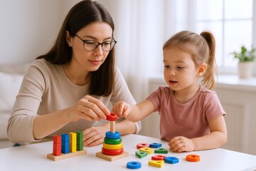 Occupational Therapist Working with Young Child on Motor Skills with Colorful Toy Stacking Rings