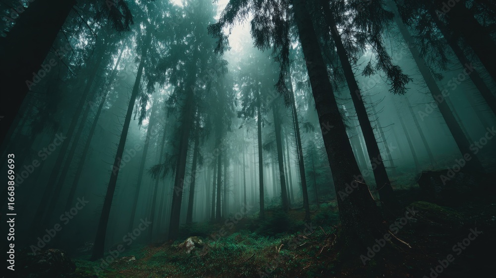 Poster atmospheric misty forest scene with towering trees and ethereal light, ideal for nature and adventur