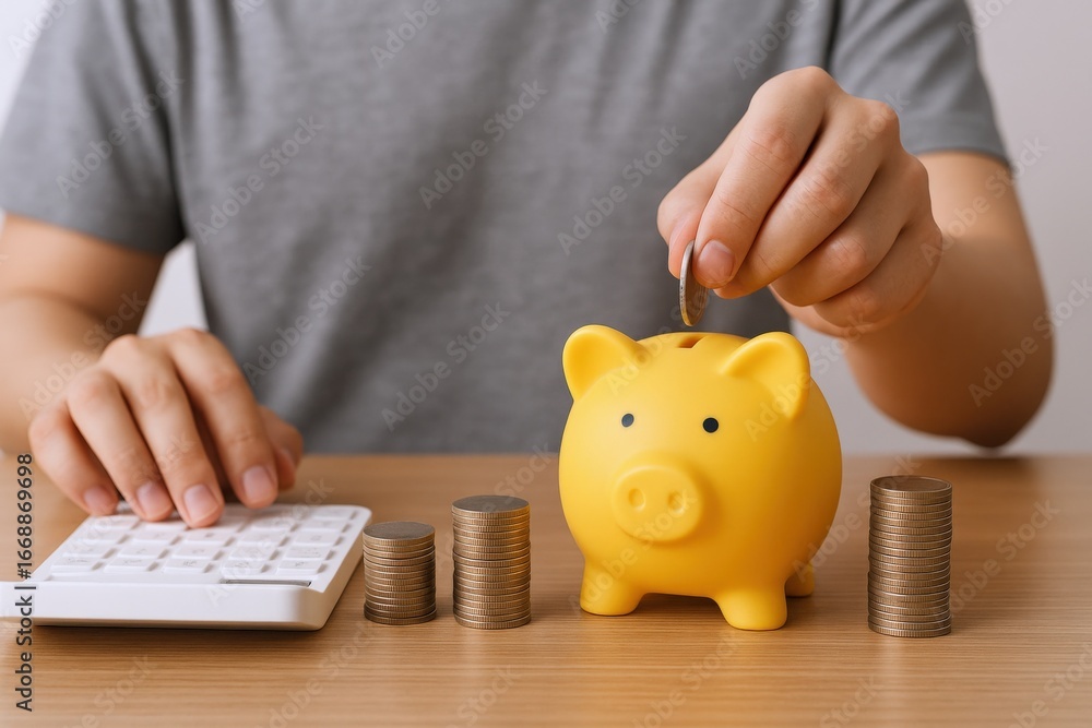 Poster saving money concept: person placing coin into piggy bank with calculator and coin stacks