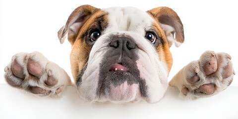 Adorable Bulldog Puppy Paws Up on White Background with Tongue Sticking Out