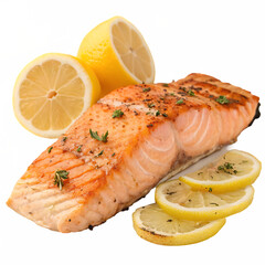 A grilled salmon fillet with lemon slices isolated on a transparent background