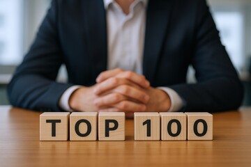 Top 100 Concept: Business Professional with Wooden Blocks Displaying 'Top 100' on Desk in Office Setting