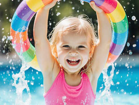 child smiling with rainbow pool noodle, sunny summer day | summer, children, fun, play, outdoor theme