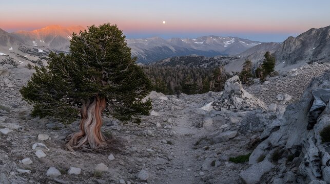 Majestic Lone Tree Mountain Landscape Sunset Moon - Powered by Adobe