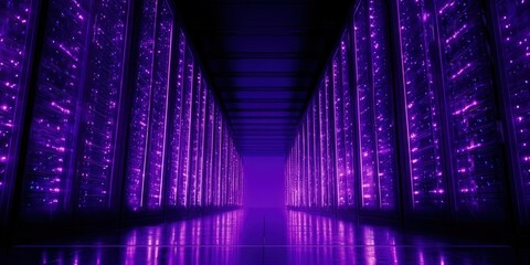 Server Room Data Center with Purple Neon Lights Reflecting on Floor - Technology Concept