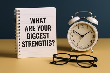 Identifying Personal Strengths: Notebook with Question, Alarm Clock, and Glasses on Desk