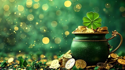 Green background and coins for St. Patrick's Day. Selective focus. Holiday.