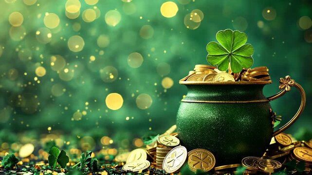 Green background and coins for St. Patrick's Day. Selective focus. Holiday.