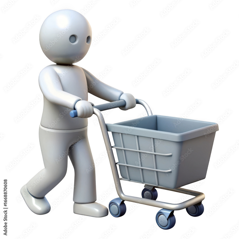 Poster 3d character pushing shopping cart isolated on transparent background