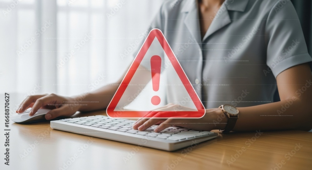 Poster a person using a computer with a red warning sign overlayed on the keyboard area