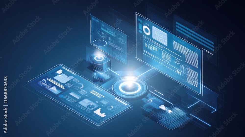 Poster isometric digital interface: futuristic technology with holographic displays and data visualization 