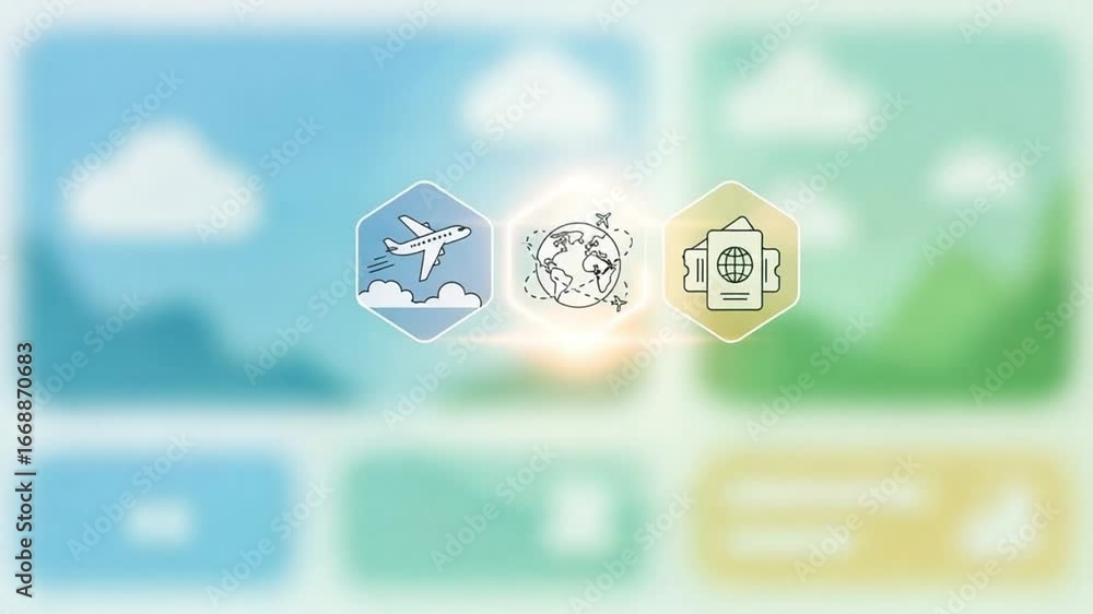 Poster finger touching airplane icon on travel app interface with globe and passport icons on screen displa