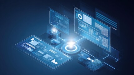 Isometric Digital Interface: Futuristic Technology with Holographic Displays and Data Visualization in Blue