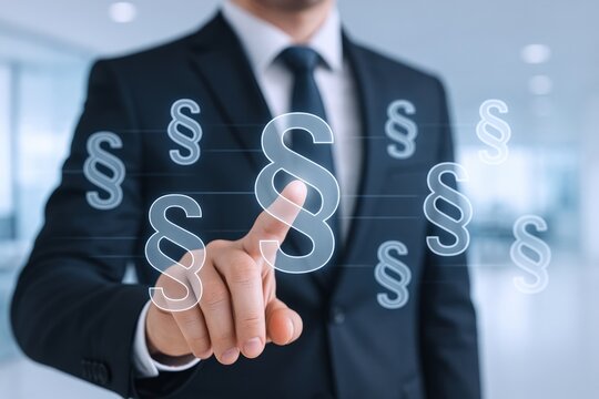 Lawyer Touching Paragraph Symbol: Legal Expertise and Advice in Business with a Businessman's Focus
