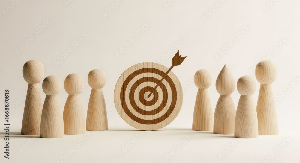 Poster a group of wooden figures surrounding a target with an arrow in the center circle
